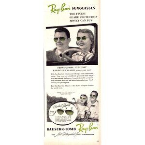1950 Ray-Ban Sunglasses Bausch & Lomb Vintage Print Ad Aviators 50s Wall Art